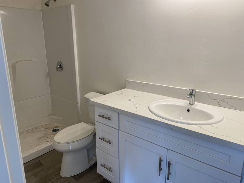 Finished bathroom with new vanity, sink and toilet